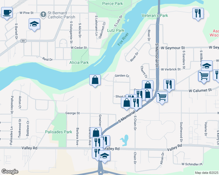 map of restaurants, bars, coffee shops, grocery stores, and more near 1025 West Calumet Street in Appleton