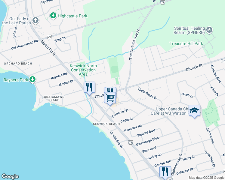 map of restaurants, bars, coffee shops, grocery stores, and more near 202 Church Street in Georgina
