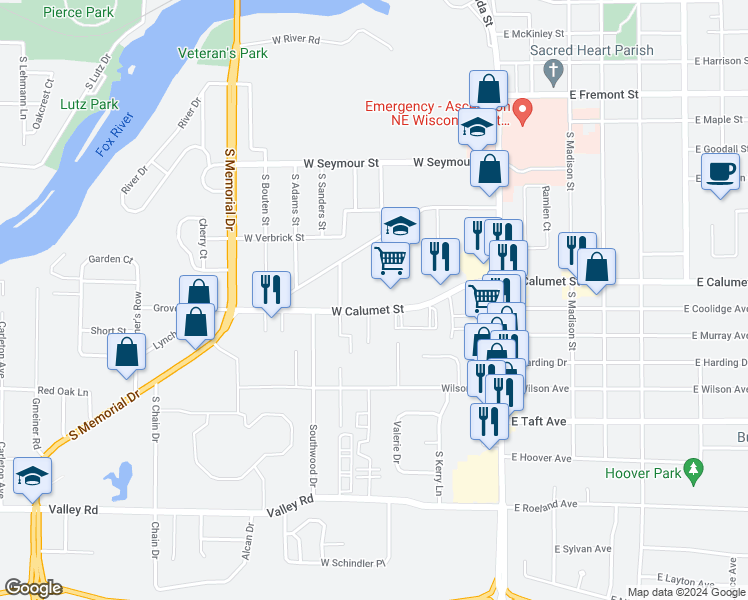 map of restaurants, bars, coffee shops, grocery stores, and more near 2010 Maplecrest Drive in Appleton