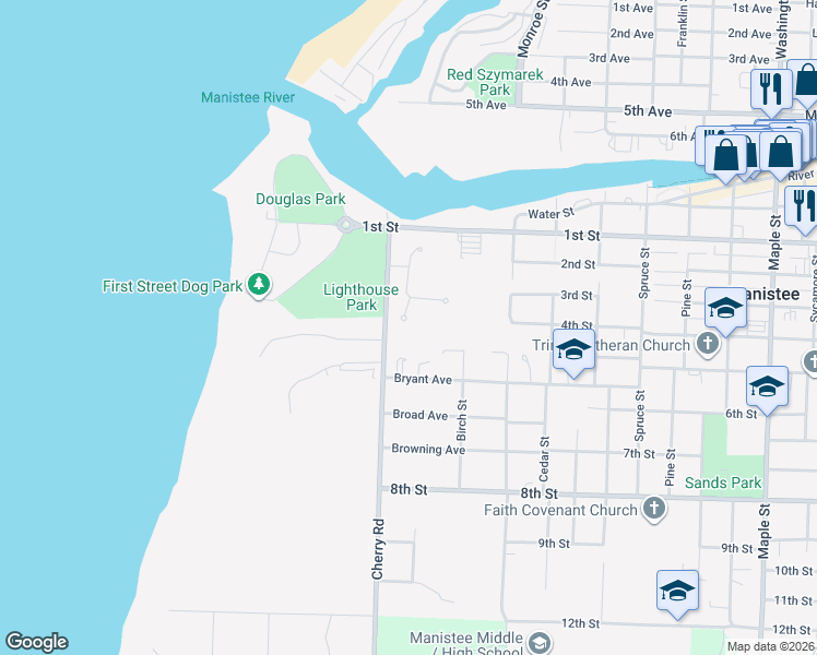 map of restaurants, bars, coffee shops, grocery stores, and more near 242 Lighthouse Way North in Manistee