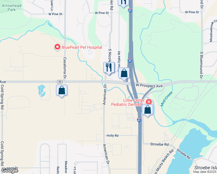 map of restaurants, bars, coffee shops, grocery stores, and more near 2675 American Drive in Appleton
