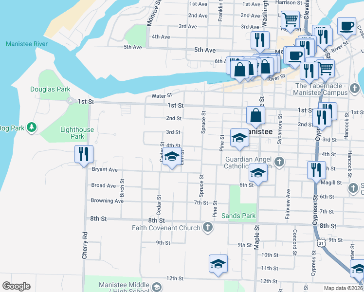 map of restaurants, bars, coffee shops, grocery stores, and more near 501 4th Street in Manistee