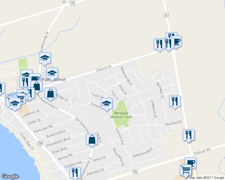 map of restaurants, bars, coffee shops, grocery stores, and more near 9 Tudor Place in Georgina