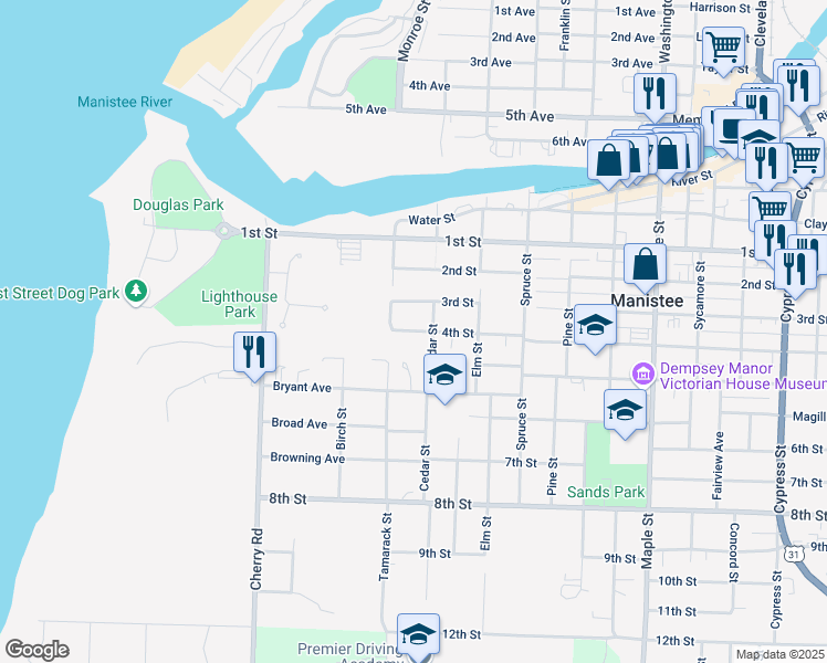 map of restaurants, bars, coffee shops, grocery stores, and more near 536 4th Street in Manistee