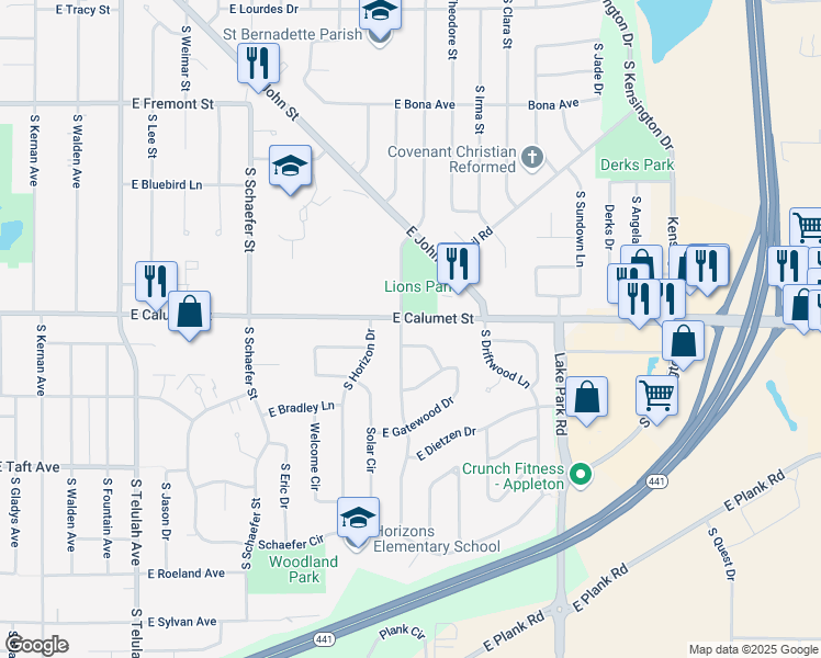 map of restaurants, bars, coffee shops, grocery stores, and more near 2557 East Calumet Street in Appleton