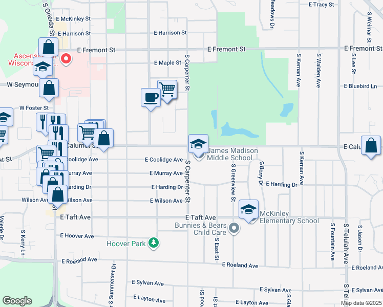 map of restaurants, bars, coffee shops, grocery stores, and more near 2020 South Carpenter Street in Appleton