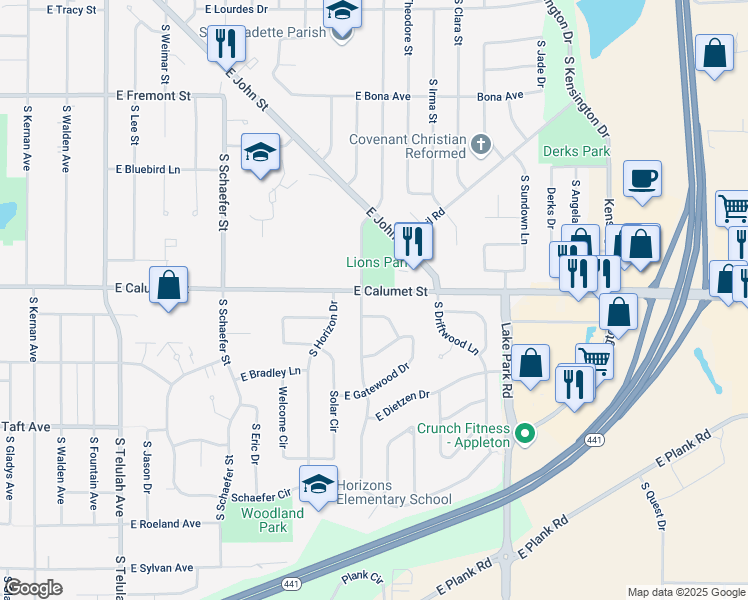map of restaurants, bars, coffee shops, grocery stores, and more near 2557 East Calumet Street in Appleton