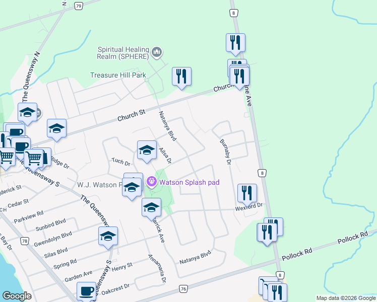 map of restaurants, bars, coffee shops, grocery stores, and more near 34 Verona Crescent in Georgina