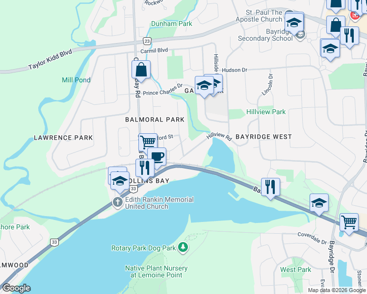 map of restaurants, bars, coffee shops, grocery stores, and more near 676 Centre Street in Kingston