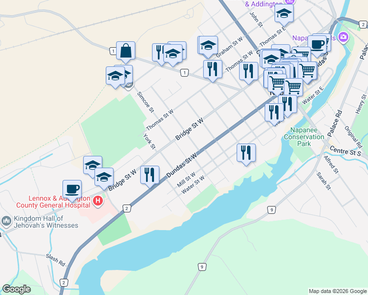 map of restaurants, bars, coffee shops, grocery stores, and more near 121 Simcoe Street in Greater Napanee