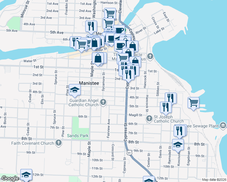 map of restaurants, bars, coffee shops, grocery stores, and more near 300 Walnut Street in Manistee