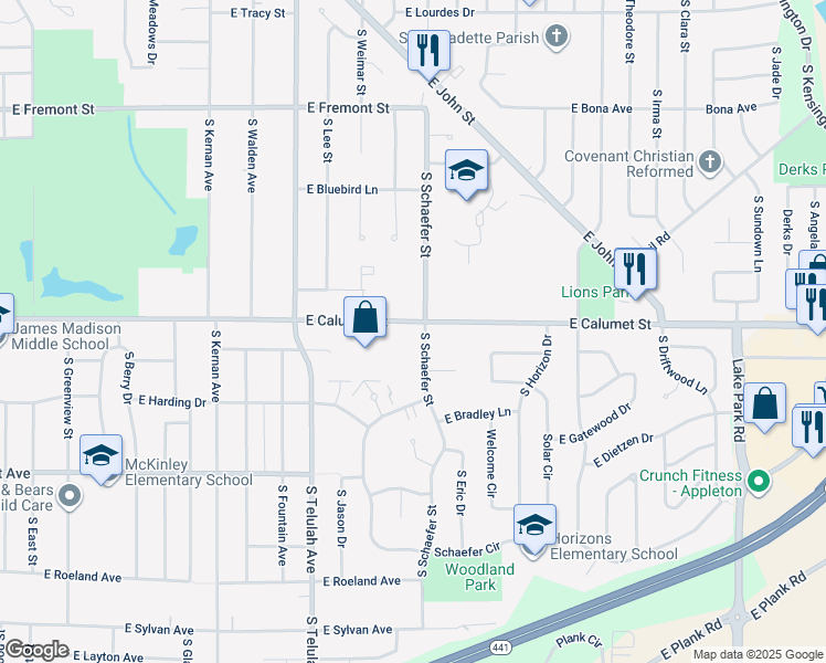 map of restaurants, bars, coffee shops, grocery stores, and more near 1935 East Calumet Street in Appleton