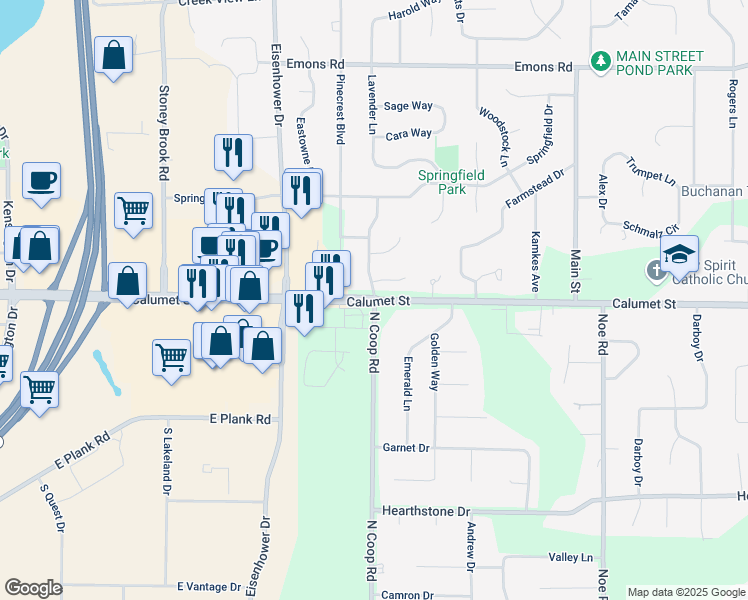 map of restaurants, bars, coffee shops, grocery stores, and more near County Road KK & North Coop Road in Appleton