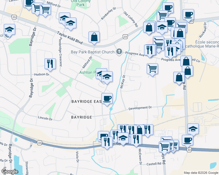map of restaurants, bars, coffee shops, grocery stores, and more near 632 Truedell Road in Kingston