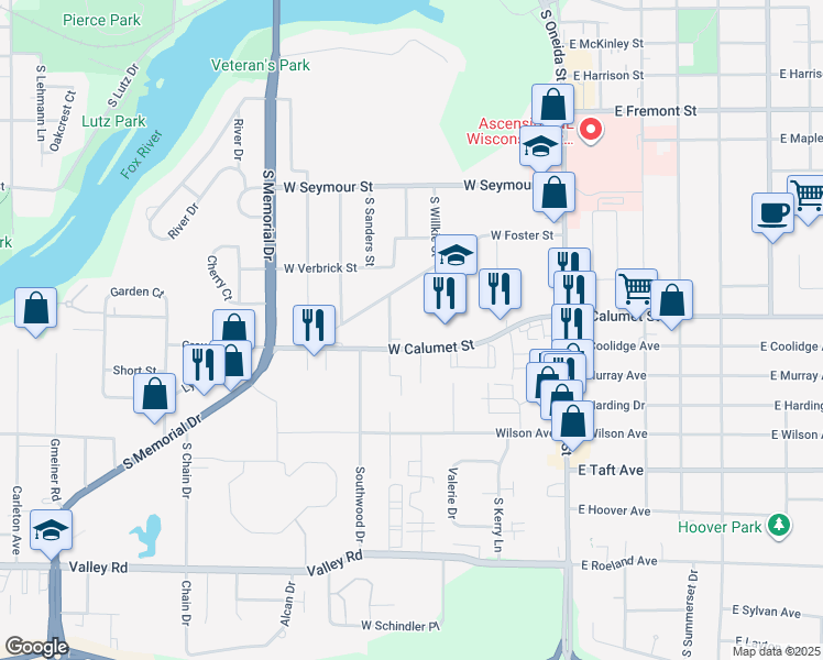 map of restaurants, bars, coffee shops, grocery stores, and more near 2010 Maplecrest Drive in Appleton
