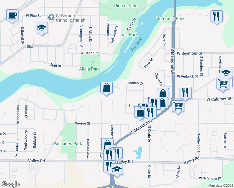 map of restaurants, bars, coffee shops, grocery stores, and more near 99 Embrey Court in Appleton