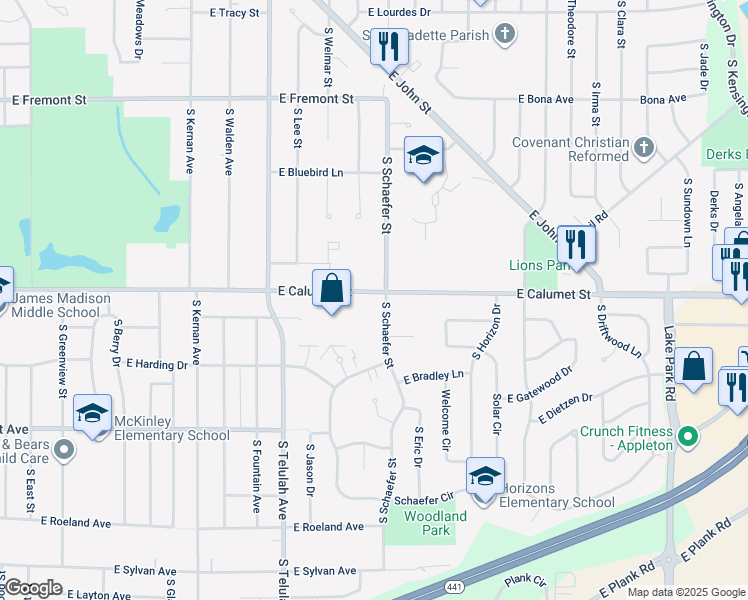map of restaurants, bars, coffee shops, grocery stores, and more near 1935 East Calumet Street in Appleton