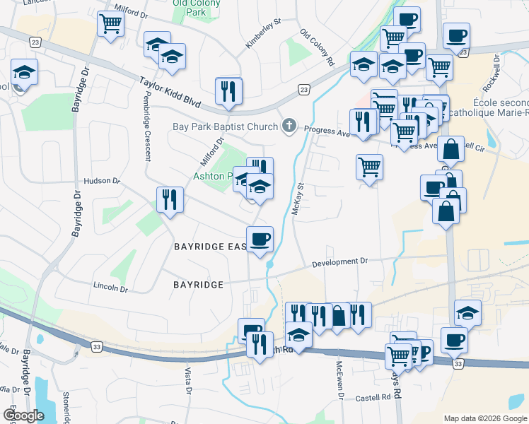 map of restaurants, bars, coffee shops, grocery stores, and more near 632 Truedell Road in Kingston