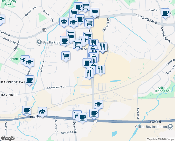 map of restaurants, bars, coffee shops, grocery stores, and more near 645 Gardiners Road in Kingston