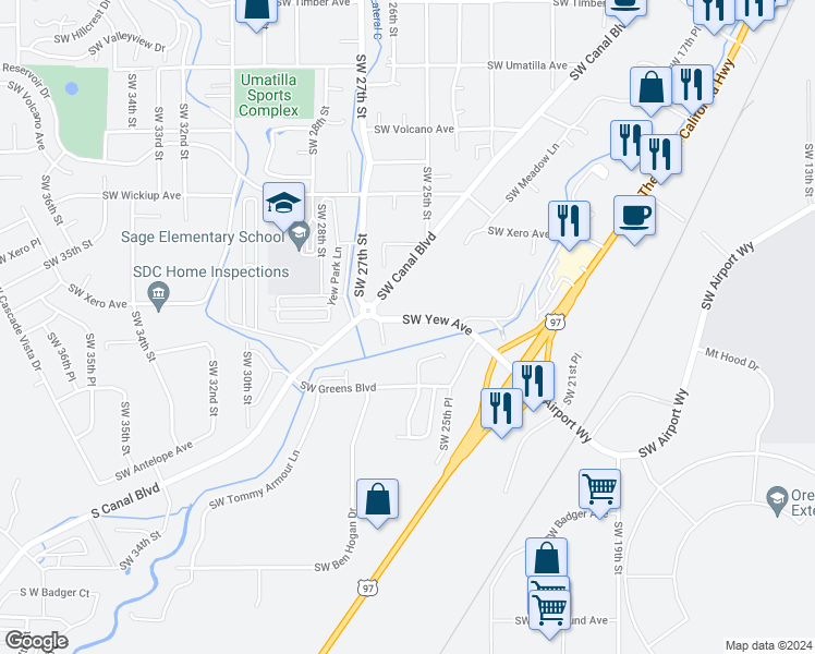 map of restaurants, bars, coffee shops, grocery stores, and more near 2572 Southwest Yew Avenue in Redmond