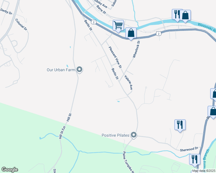 map of restaurants, bars, coffee shops, grocery stores, and more near 25 George Street in Montpelier
