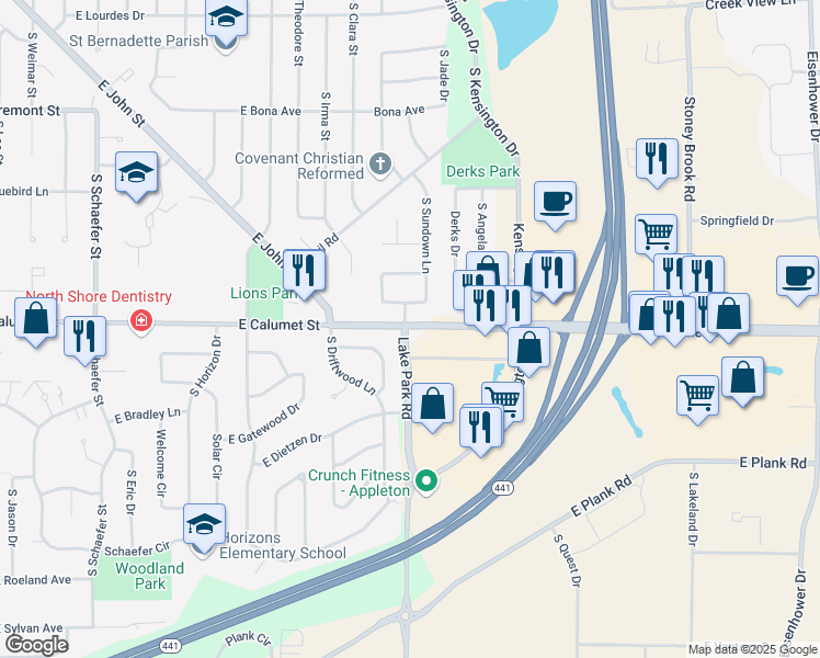 map of restaurants, bars, coffee shops, grocery stores, and more near 1925 South Lake Park Road in Appleton