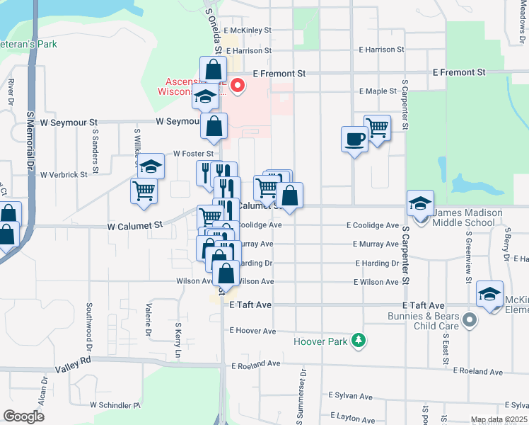 map of restaurants, bars, coffee shops, grocery stores, and more near 237 East Calumet Street in Appleton