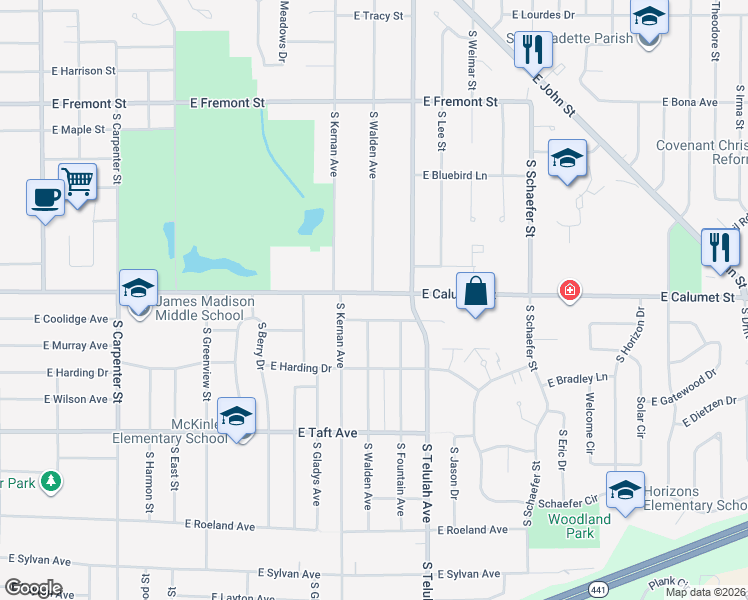 map of restaurants, bars, coffee shops, grocery stores, and more near 1513 East Calumet Street in Appleton