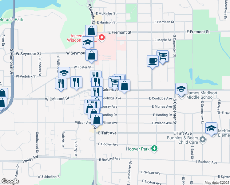 map of restaurants, bars, coffee shops, grocery stores, and more near 237 East Calumet Street in Appleton