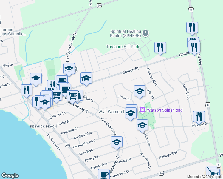 map of restaurants, bars, coffee shops, grocery stores, and more near 22 Chartwell Crescent in Georgina
