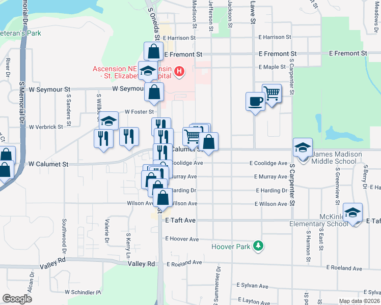 map of restaurants, bars, coffee shops, grocery stores, and more near 237 East Calumet Street in Appleton