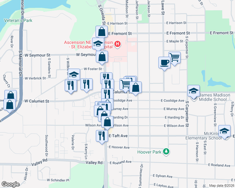 map of restaurants, bars, coffee shops, grocery stores, and more near 201 East Calumet Street in Appleton