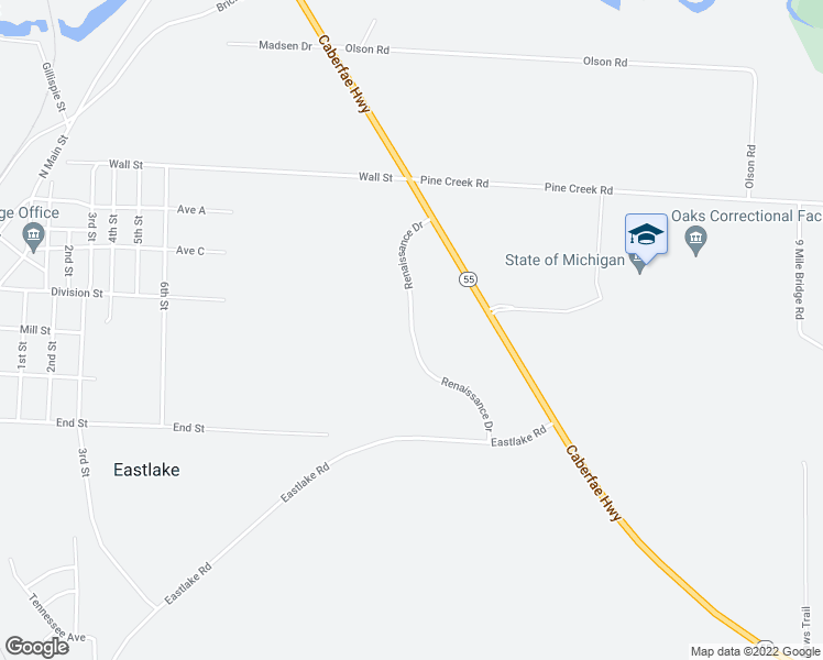 map of restaurants, bars, coffee shops, grocery stores, and more near Renaissance Drive in Manistee