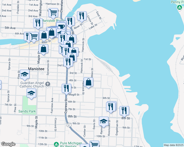 map of restaurants, bars, coffee shops, grocery stores, and more near 198 Sibben Street in Manistee