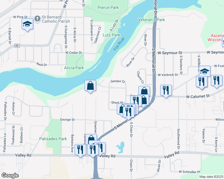map of restaurants, bars, coffee shops, grocery stores, and more near 1025 West Calumet Street in Appleton