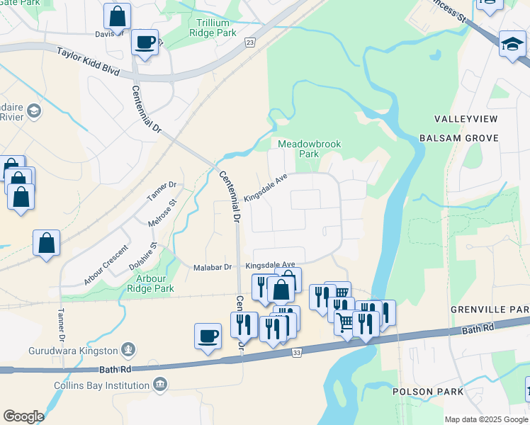 map of restaurants, bars, coffee shops, grocery stores, and more near 590 Gavin Court in Kingston