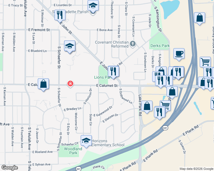 map of restaurants, bars, coffee shops, grocery stores, and more near 2612 East Calumet Street in Appleton