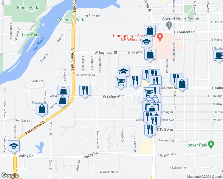 map of restaurants, bars, coffee shops, grocery stores, and more near 2010 Maplecrest Drive in Appleton