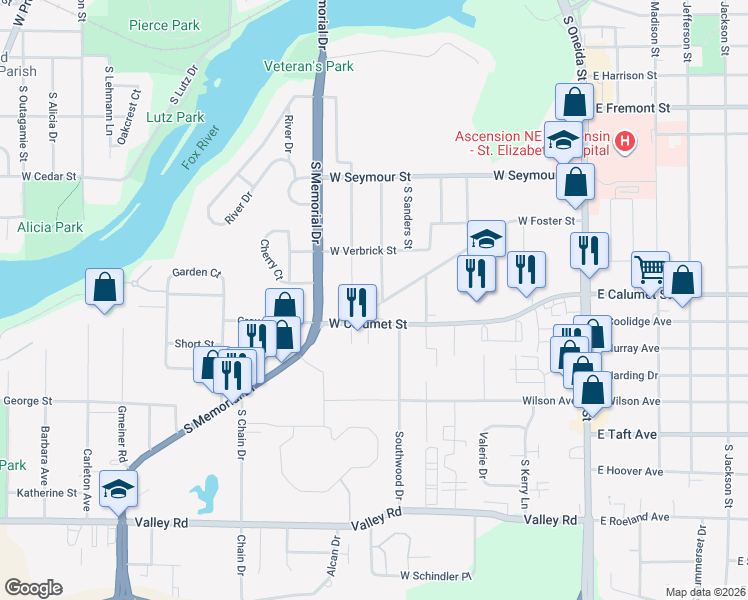map of restaurants, bars, coffee shops, grocery stores, and more near 1939 South Adams Street in Appleton