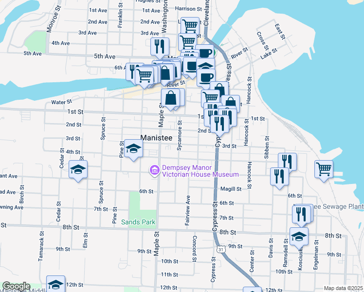map of restaurants, bars, coffee shops, grocery stores, and more near 303 Sycamore Street in Manistee