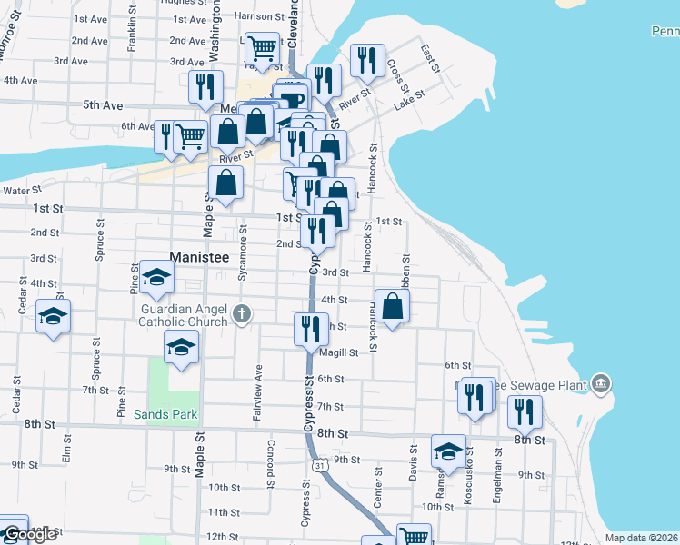 map of restaurants, bars, coffee shops, grocery stores, and more near Mc Kee Street in Manistee