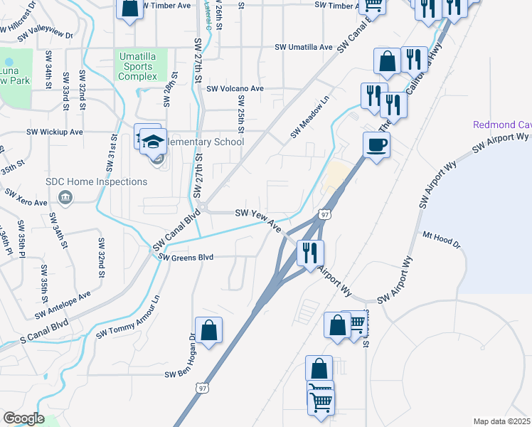 map of restaurants, bars, coffee shops, grocery stores, and more near 2566 Southwest Yew Court in Redmond