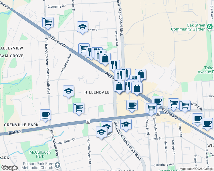 map of restaurants, bars, coffee shops, grocery stores, and more near 700 Sir John A. Macdonald Boulevard in Kingston