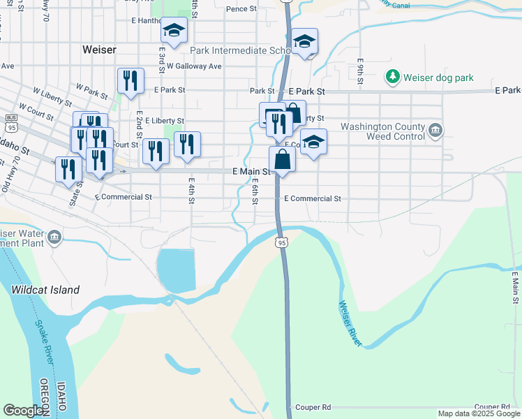 map of restaurants, bars, coffee shops, grocery stores, and more near 220 East 6th Street in Weiser