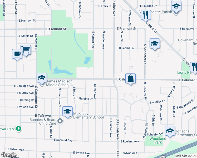 map of restaurants, bars, coffee shops, grocery stores, and more near 1443 East Calumet Street in Appleton