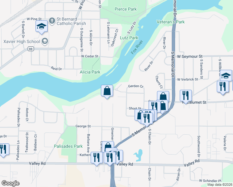 map of restaurants, bars, coffee shops, grocery stores, and more near 10 Embrey Court in Appleton