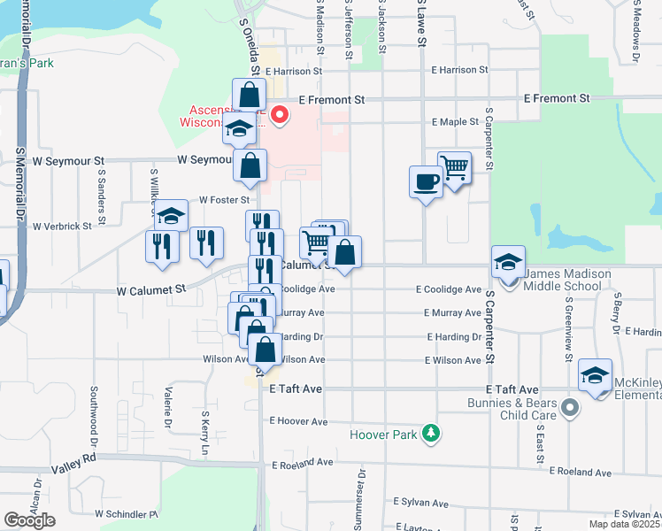 map of restaurants, bars, coffee shops, grocery stores, and more near 237 East Calumet Street in Appleton
