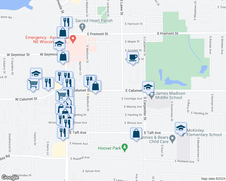 map of restaurants, bars, coffee shops, grocery stores, and more near 531 East Calumet Street in Appleton