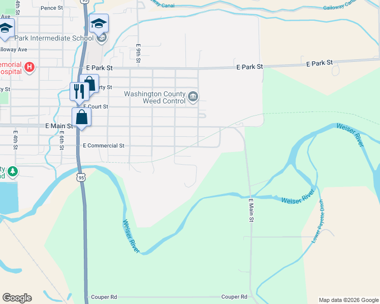 map of restaurants, bars, coffee shops, grocery stores, and more near 1185 East Commercial Street in Weiser