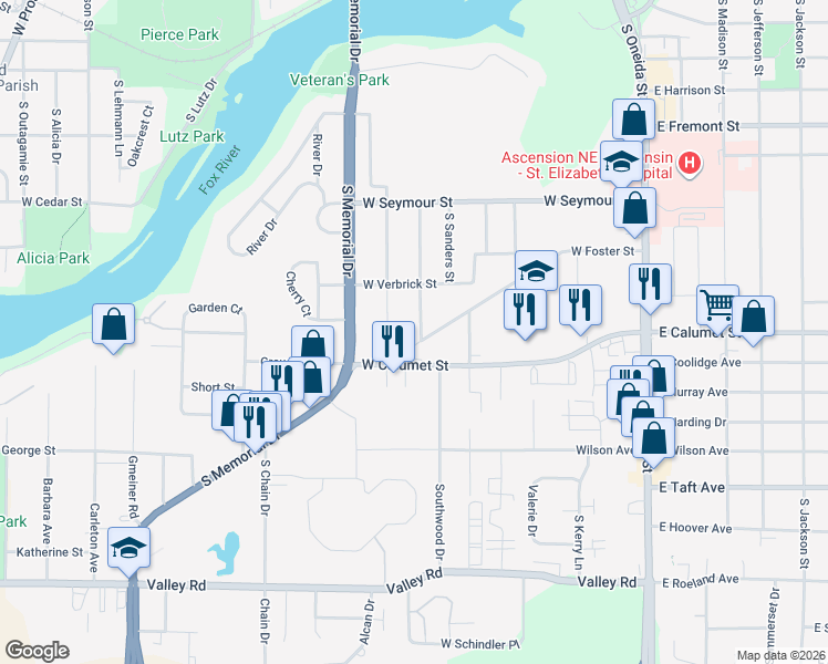 map of restaurants, bars, coffee shops, grocery stores, and more near 1939 S Adams St in Appleton